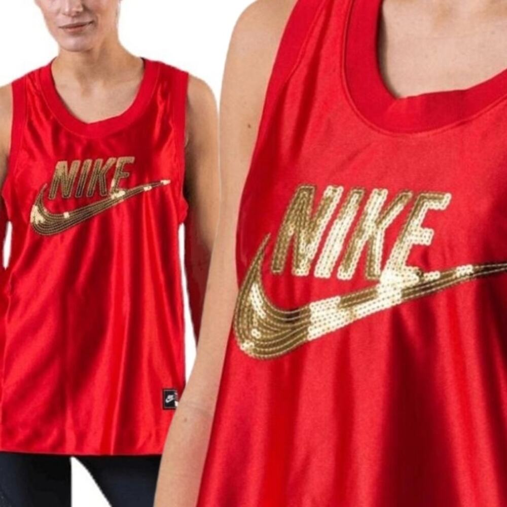 Nike Icon Jersey Tank Top Sleeveless Crew Neck Sequins Gold Red Women's L NWOT